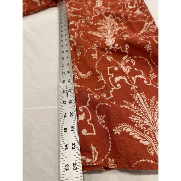 TAHARI 100% Linen Wide Leg Pants Burnt Orange Damask Boho Coastal Grandma L - Picture 7 of 9